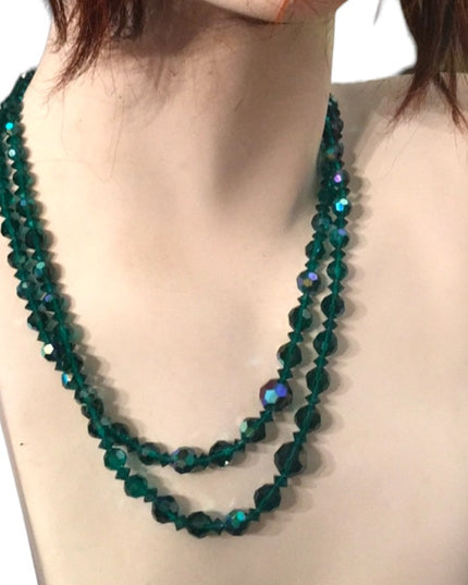 Sparkly 19” Vintage green AB 1960s glass crystal necklace double strand