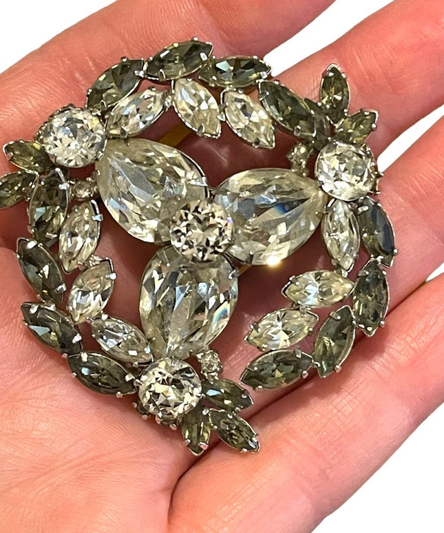 Vintage Sherman Beautiful topaz color clear crystal brooch silver finish