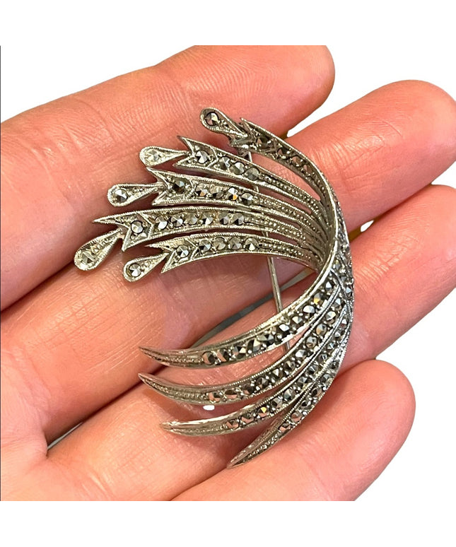 - Vintage sterling silver fancy swirl marcasite brooch 2”