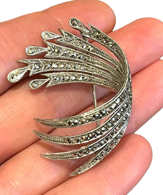 - Vintage sterling silver fancy swirl marcasite brooch 2”