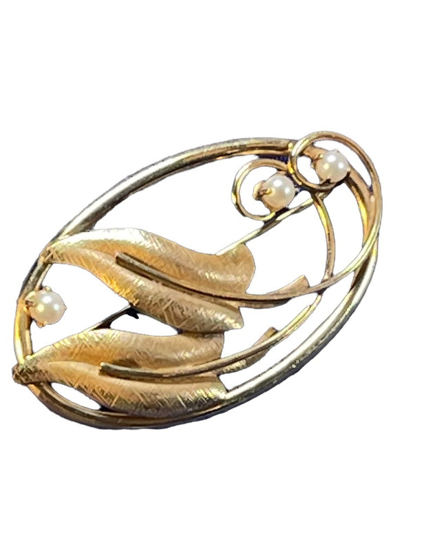 1960s 12k Gold filled real Pearl leaf gold brooch Beauty! vintage