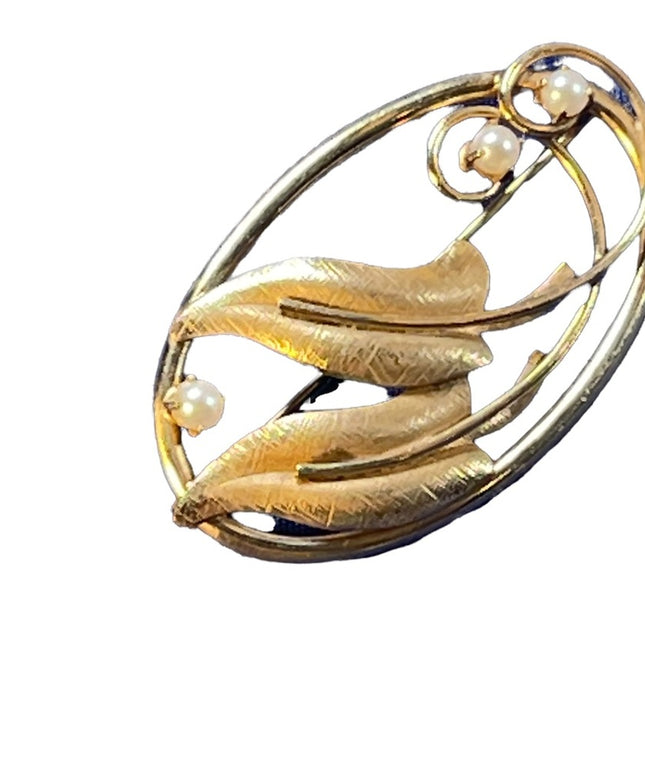 1960s 12k Gold filled real Pearl leaf gold brooch Beauty! vintage