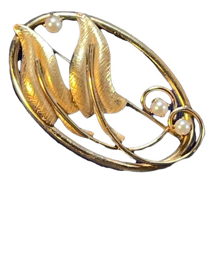 1960s 12k Gold filled real Pearl leaf gold brooch Beauty! vintage