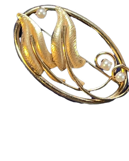 1960s 12k Gold filled real Pearl leaf gold brooch Beauty! vintage