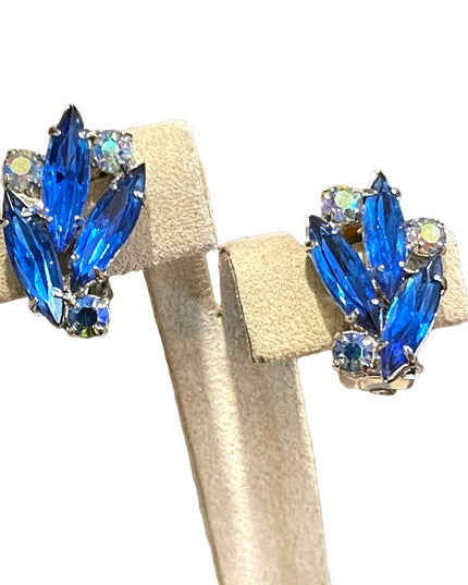 Vintage 1960s sparkly blue crystal clip on earrings silver finish
