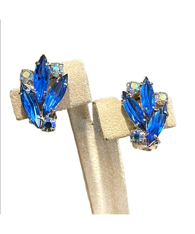 Vintage 1960s sparkly blue crystal clip on earrings silver finish