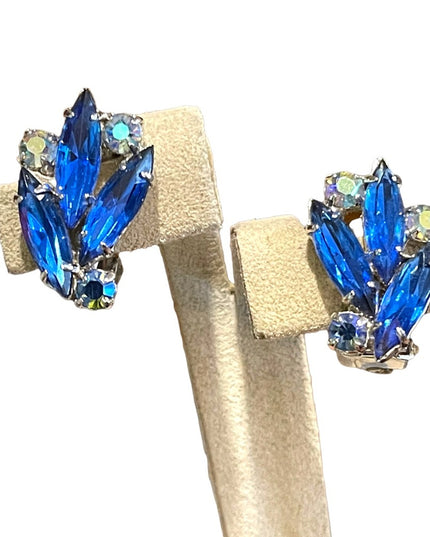 Vintage 1960s sparkly blue crystal clip on earrings silver finish