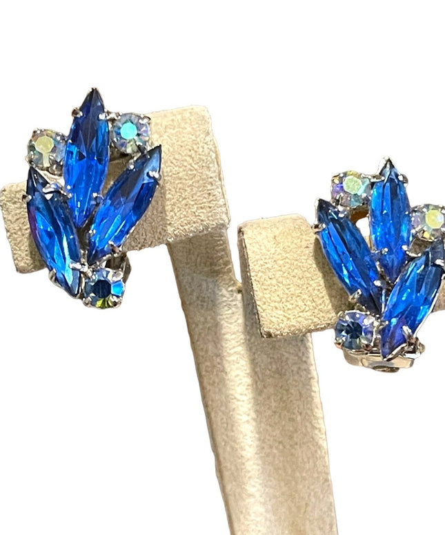 Vintage 1960s sparkly blue crystal clip on earrings silver finish