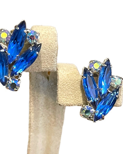 Vintage 1960s sparkly blue crystal clip on earrings silver finish