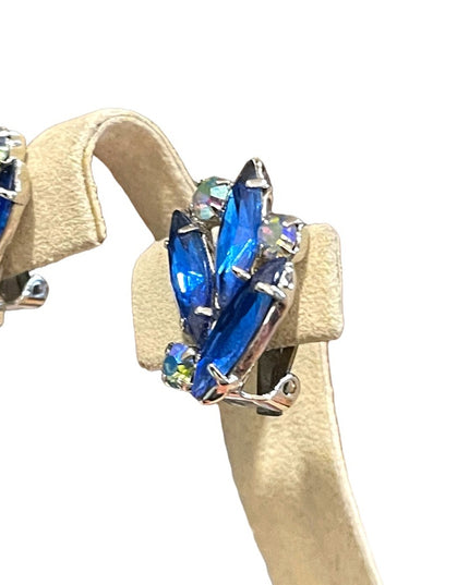 Vintage 1960s sparkly blue crystal clip on earrings silver finish