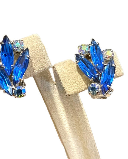 Vintage 1960s sparkly blue crystal clip on earrings silver finish