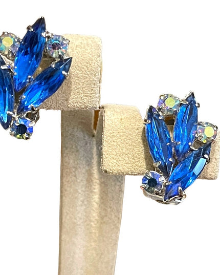 Vintage 1960s sparkly blue crystal clip on earrings silver finish