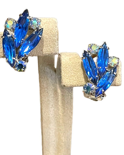 Vintage 1960s sparkly blue crystal clip on earrings silver finish