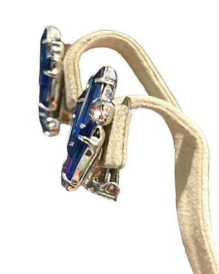 Vintage 1960s sparkly blue crystal clip on earrings silver finish
