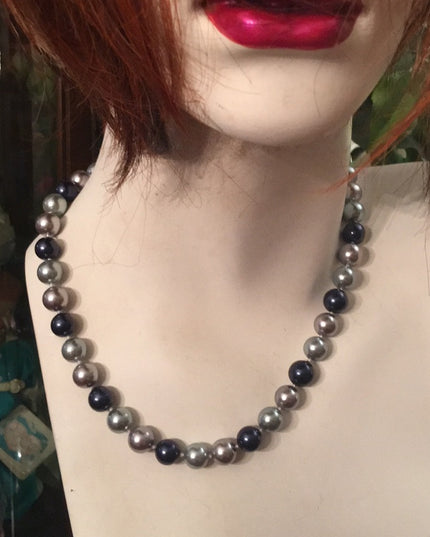 Large heavy Glass pearls blue & Silver high quality necklace silver clasp