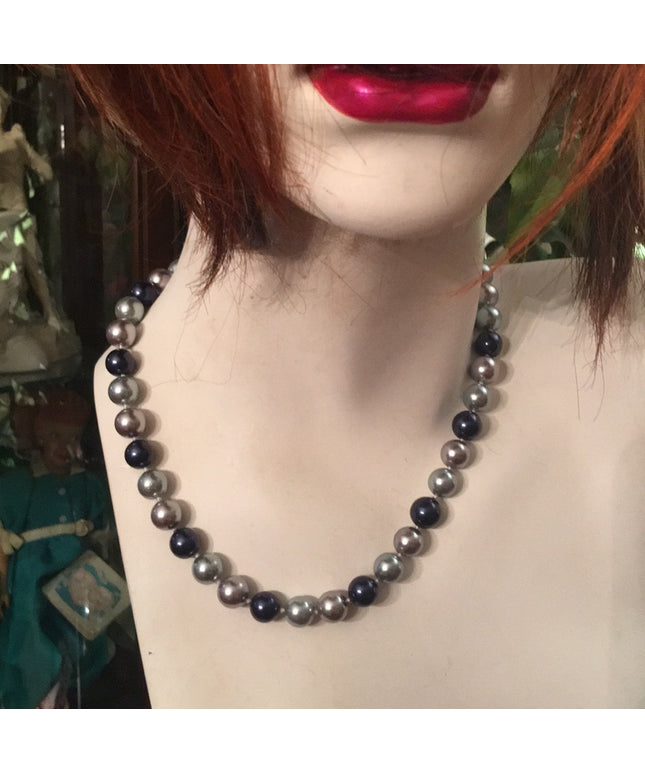 Large heavy Glass pearls blue & Silver high quality necklace silver clasp