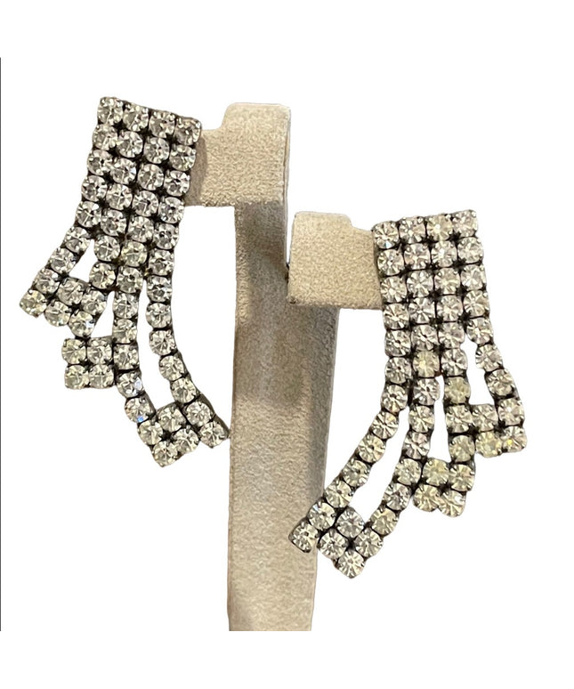 Vintage 2” Silver finiah clear crystal rhinestone earrings fancy dangle
