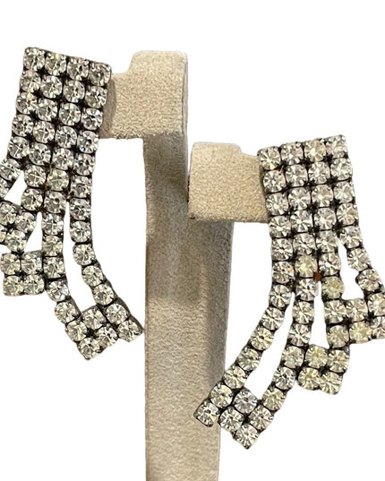 Vintage 2” Silver finiah clear crystal rhinestone earrings fancy dangle