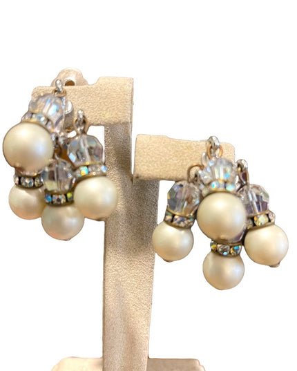 Vintage 1960s crystal faux pearl dangle earrings sparkle dangle clip ons