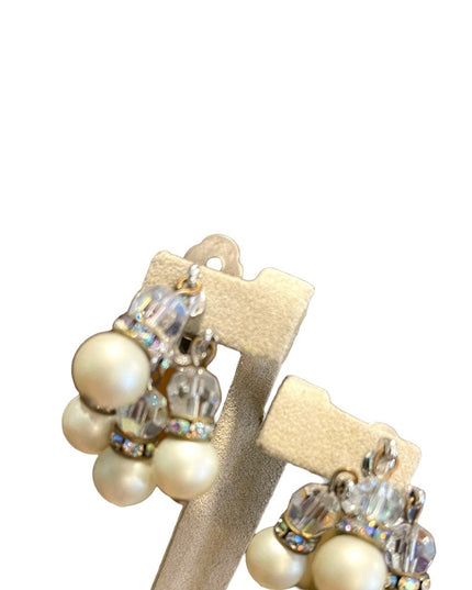 Vintage 1960s crystal faux pearl dangle earrings sparkle dangle clip ons