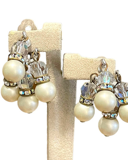 Vintage 1960s crystal faux pearl dangle earrings sparkle dangle clip ons