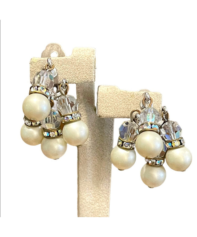 Vintage 1960s crystal faux pearl dangle earrings sparkle dangle clip ons