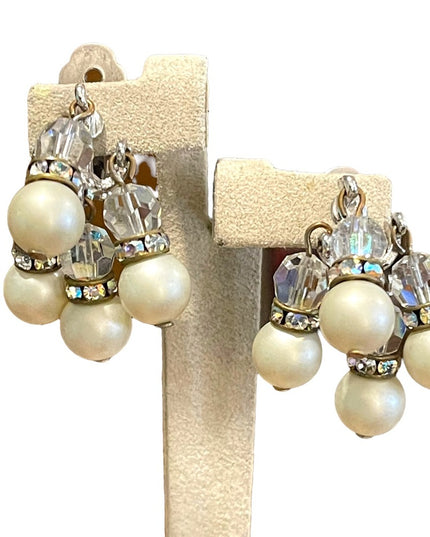 Vintage 1960s crystal faux pearl dangle earrings sparkle dangle clip ons