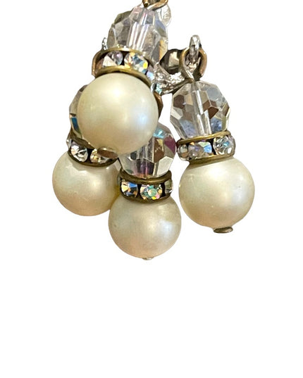 Vintage 1960s crystal faux pearl dangle earrings sparkle dangle clip ons