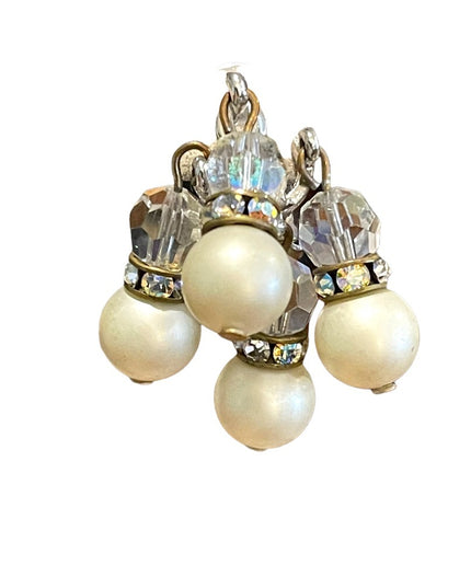Vintage 1960s crystal faux pearl dangle earrings sparkle dangle clip ons