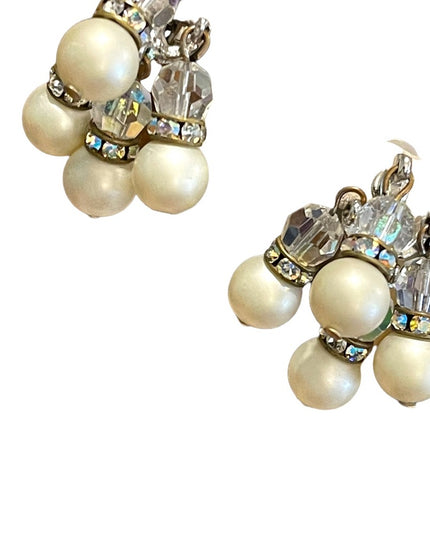 Vintage 1960s crystal faux pearl dangle earrings sparkle dangle clip ons