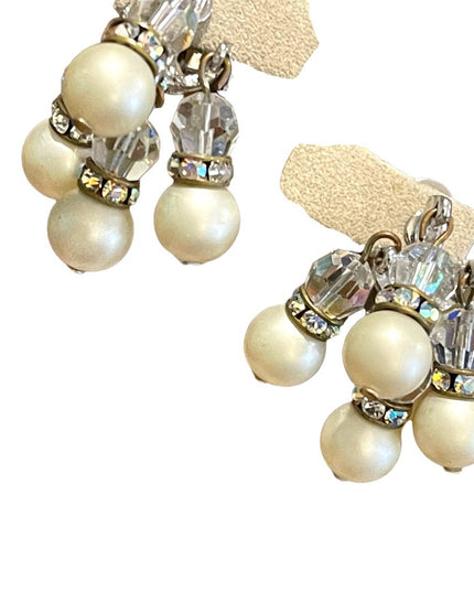 Vintage 1960s crystal faux pearl dangle earrings sparkle dangle clip ons