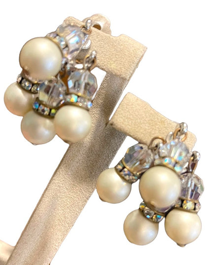 Vintage 1960s crystal faux pearl dangle earrings sparkle dangle clip ons