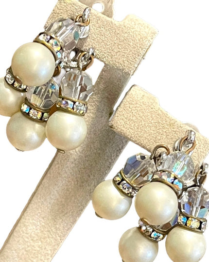 Vintage 1960s crystal faux pearl dangle earrings sparkle dangle clip ons