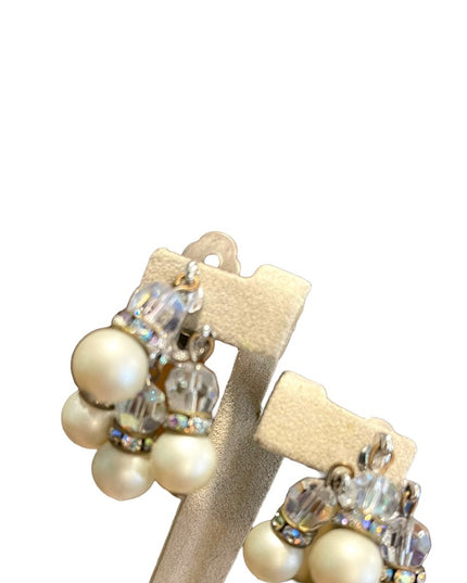 Vintage 1960s crystal faux pearl dangle earrings sparkle dangle clip ons