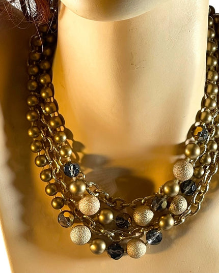 1990s Beautiful gold finish faux pearls chain crystals 4 strand necklace