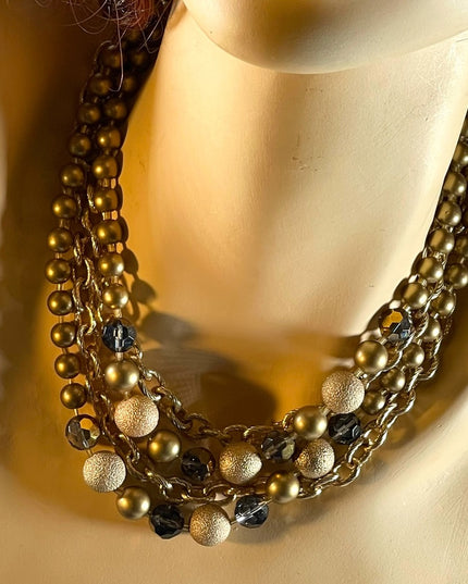 1990s Beautiful gold finish faux pearls chain crystals 4 strand necklace