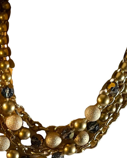 1990s Beautiful gold finish faux pearls chain crystals 4 strand necklace