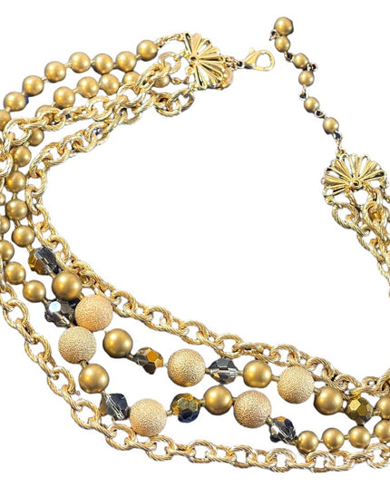 1990s Beautiful gold finish faux pearls chain crystals 4 strand necklace