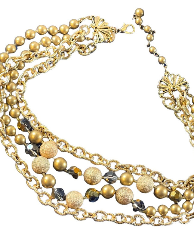 1990s Beautiful gold finish faux pearls chain crystals 4 strand necklace