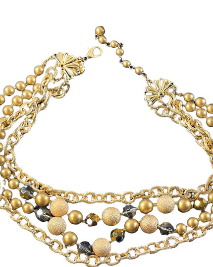 1990s Beautiful gold finish faux pearls chain crystals 4 strand necklace