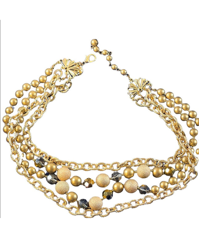 1990s Beautiful gold finish faux pearls chain crystals 4 strand necklace