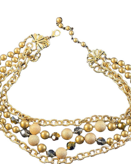 1990s Beautiful gold finish faux pearls chain crystals 4 strand necklace