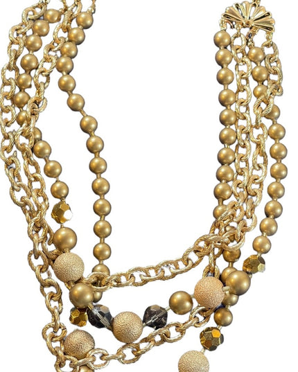 1990s Beautiful gold finish faux pearls chain crystals 4 strand necklace