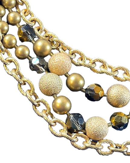 1990s Beautiful gold finish faux pearls chain crystals 4 strand necklace