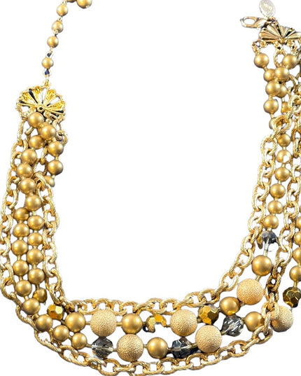 1990s Beautiful gold finish faux pearls chain crystals 4 strand necklace