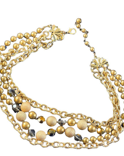 1990s Beautiful gold finish faux pearls chain crystals 4 strand necklace