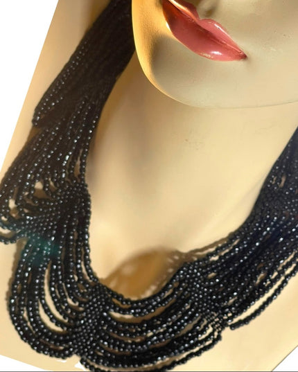 Vintage black micro bead cleopatra necklace choker multi strand thick