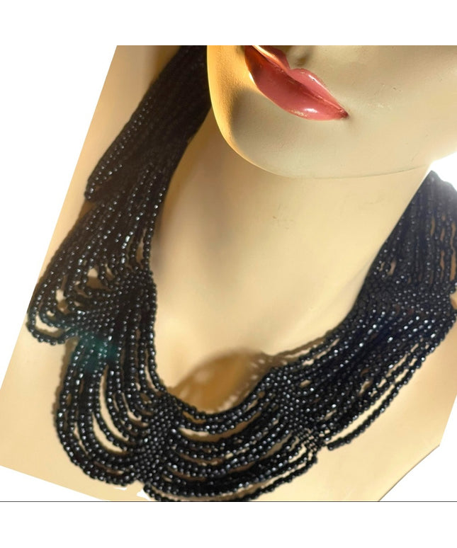 Vintage black micro bead cleopatra necklace choker multi strand thick