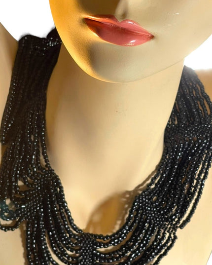 Vintage black micro bead cleopatra necklace choker multi strand thick