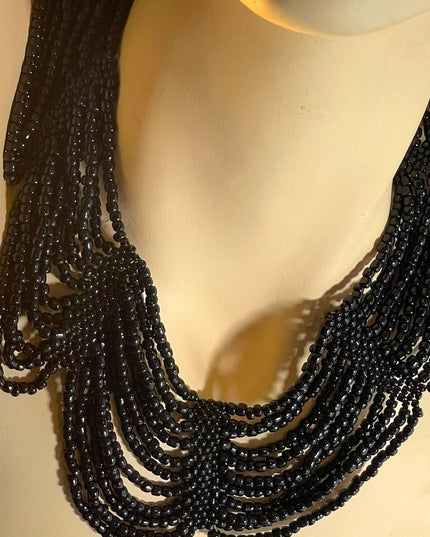 Vintage black micro bead cleopatra necklace choker multi strand thick